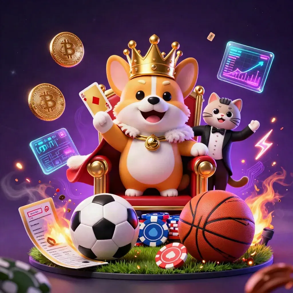 Royal corgi king and cat butler amid glowing crypto coins, sports balls, and casino lightning.