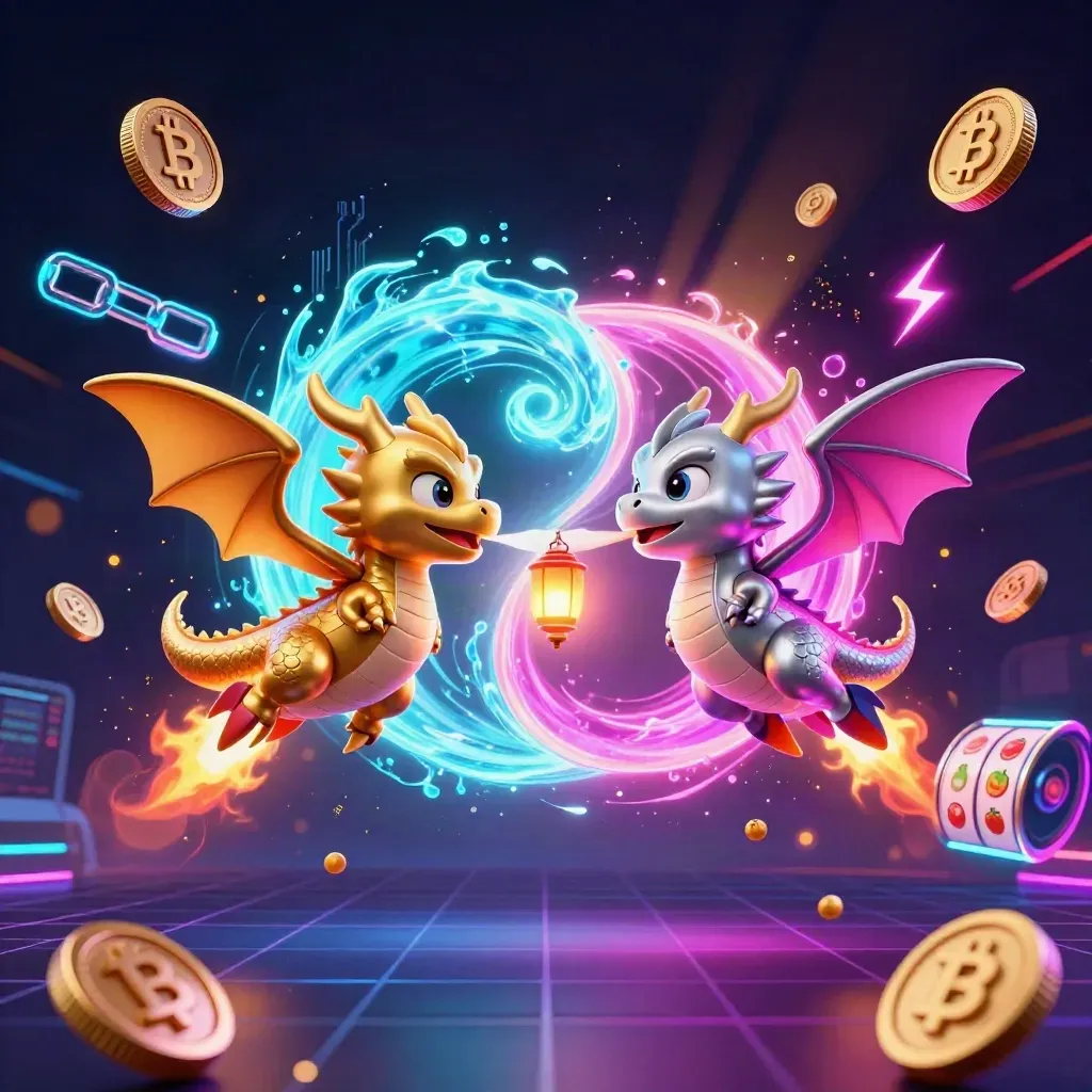 Twin gold and silver dragons swirl with fire and ice around a tiny lantern spirit, coins and neon sparks.