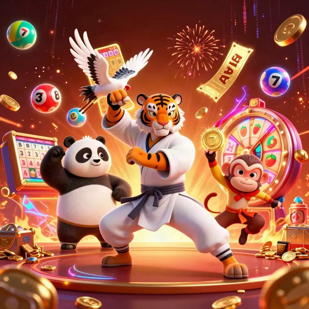 Tiger, panda, and monkey in a neon casino vault with coins, reels, fireworks, and jackpot effects.