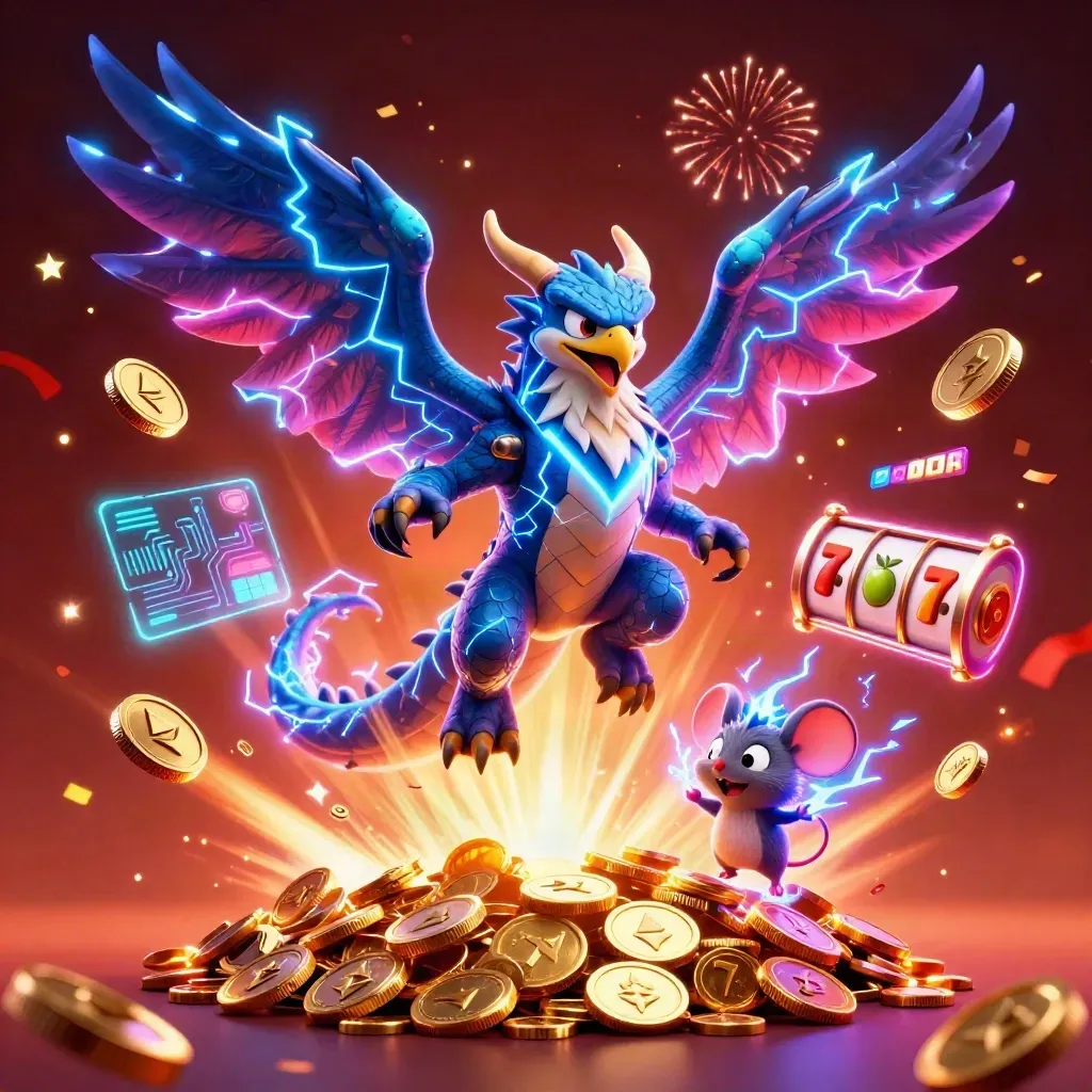 Thunder dragon, hawk, and mouse amid coins, fireworks, and casino magic