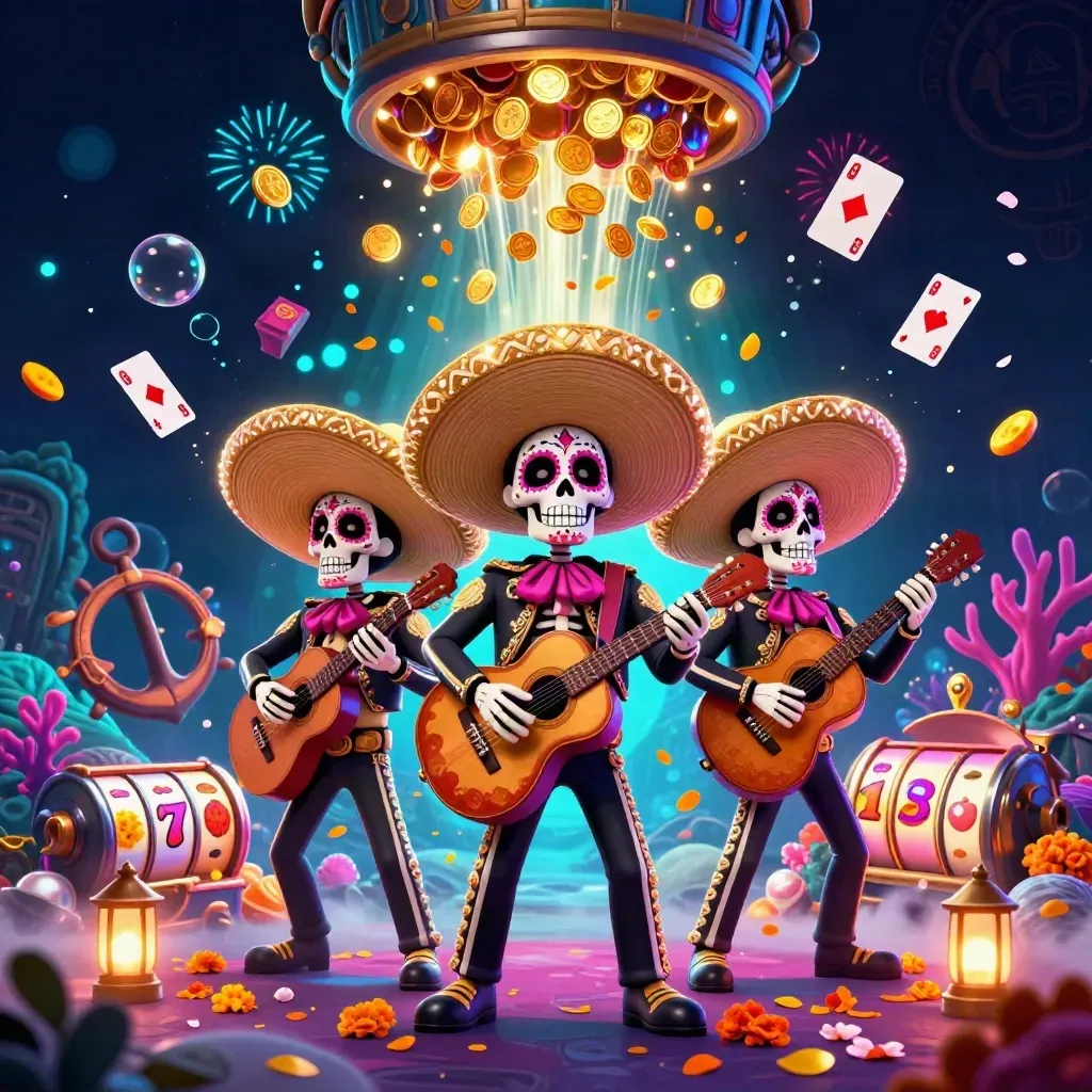 Skeleton mariachi trio amid neon treasure coins, coral, cards, and casino effects