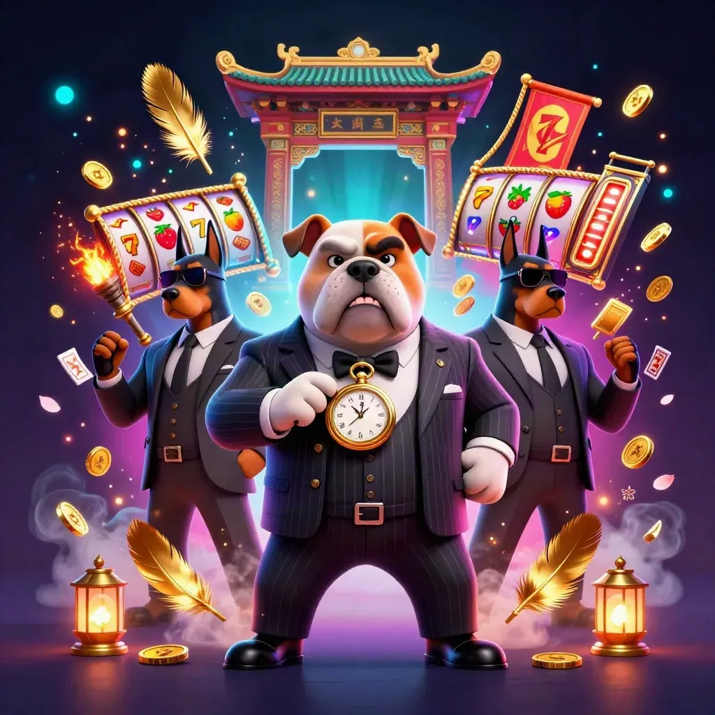Bulldog mob boss and bodyguards amid reels, gold, neon runes, and temple-gate chaos.
